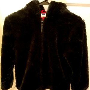 Girls Black GAP Hooded Faux Fur Jacket